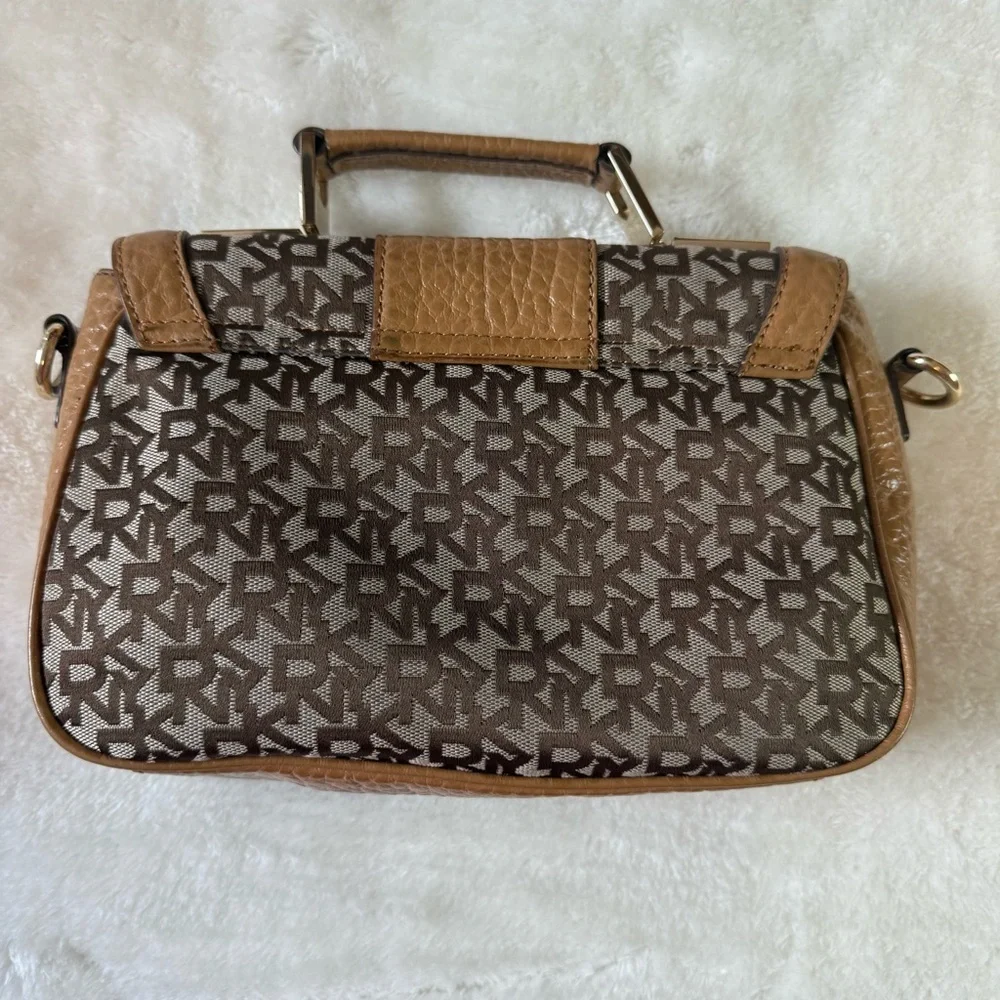 DKNY Tan Genuine Leather and Fabric Crossbody Handbag